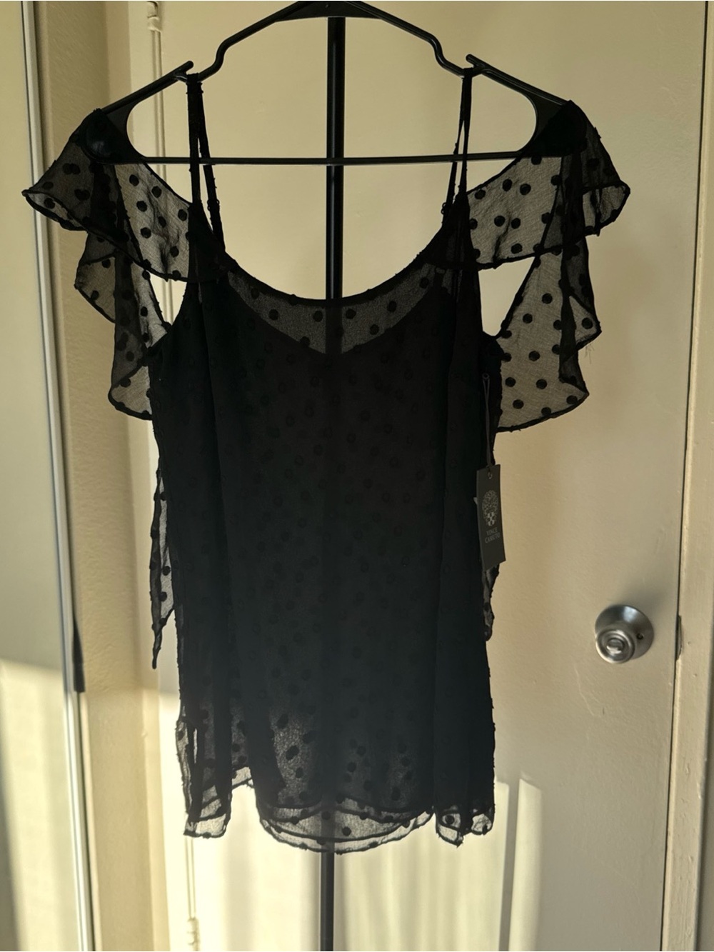 Vince Camuto Black Sheer Polka Dot Ruffle Cold-Shoulder Camisole XS